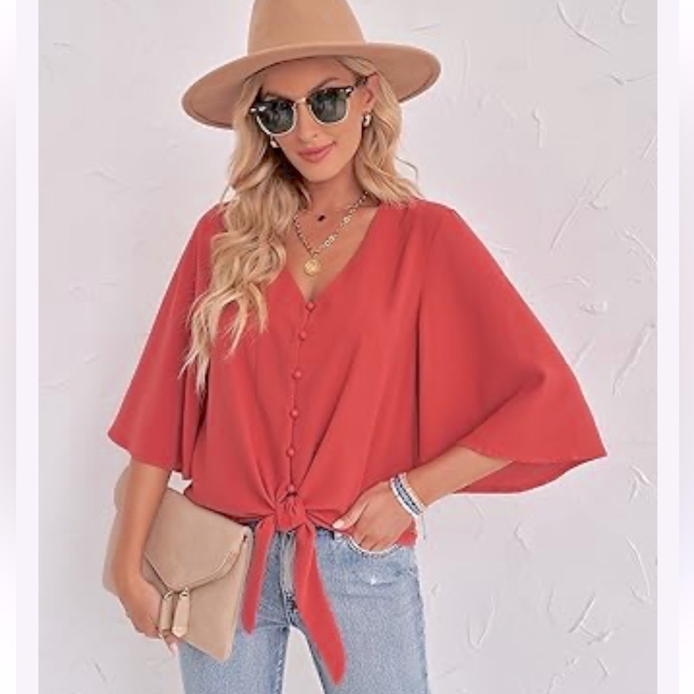 Button Tie Front Shirt Size M wide sleeve flowy loose fitting